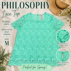 Philosophy Mint Green Floral Lace Top Medium Crochet Boho Blouse